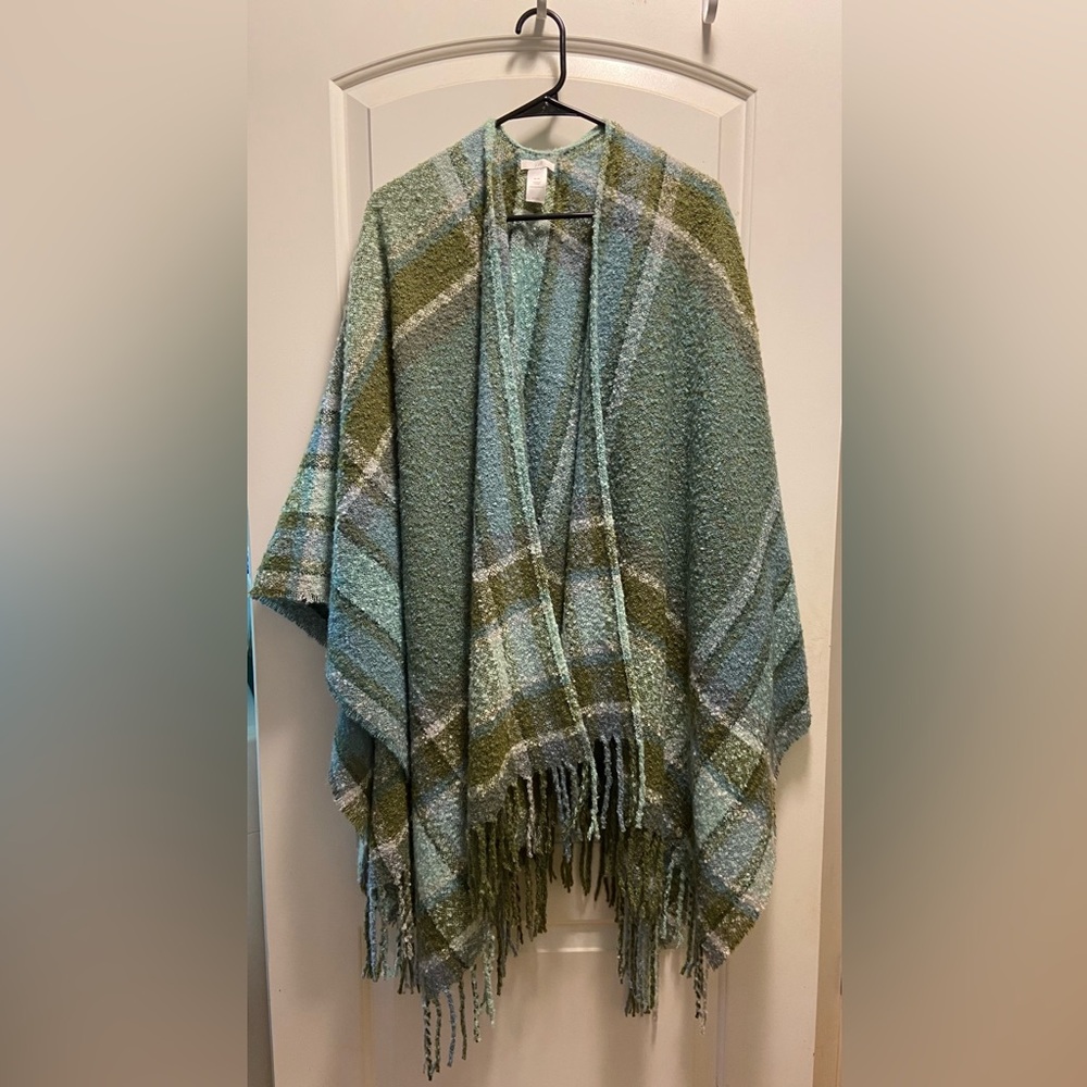 J Jill Green Plaid Fringe Cozy Boucle Cape- Women’s XL-3X NEW